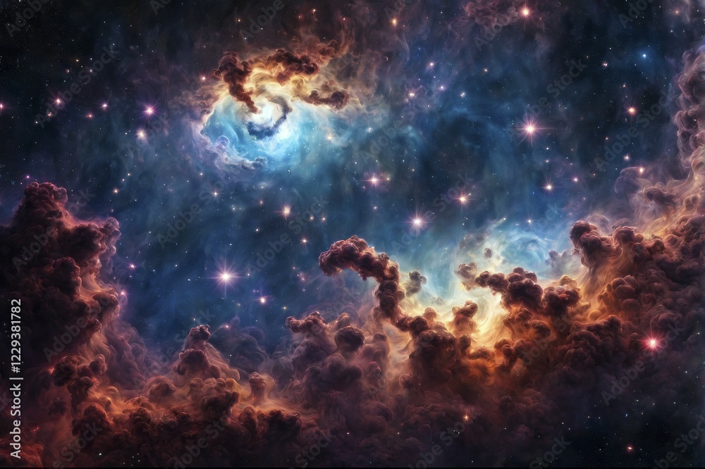 Naklejka premium A vibrant nebula with cloud formations and scattered stars in the cosmos, AI generated