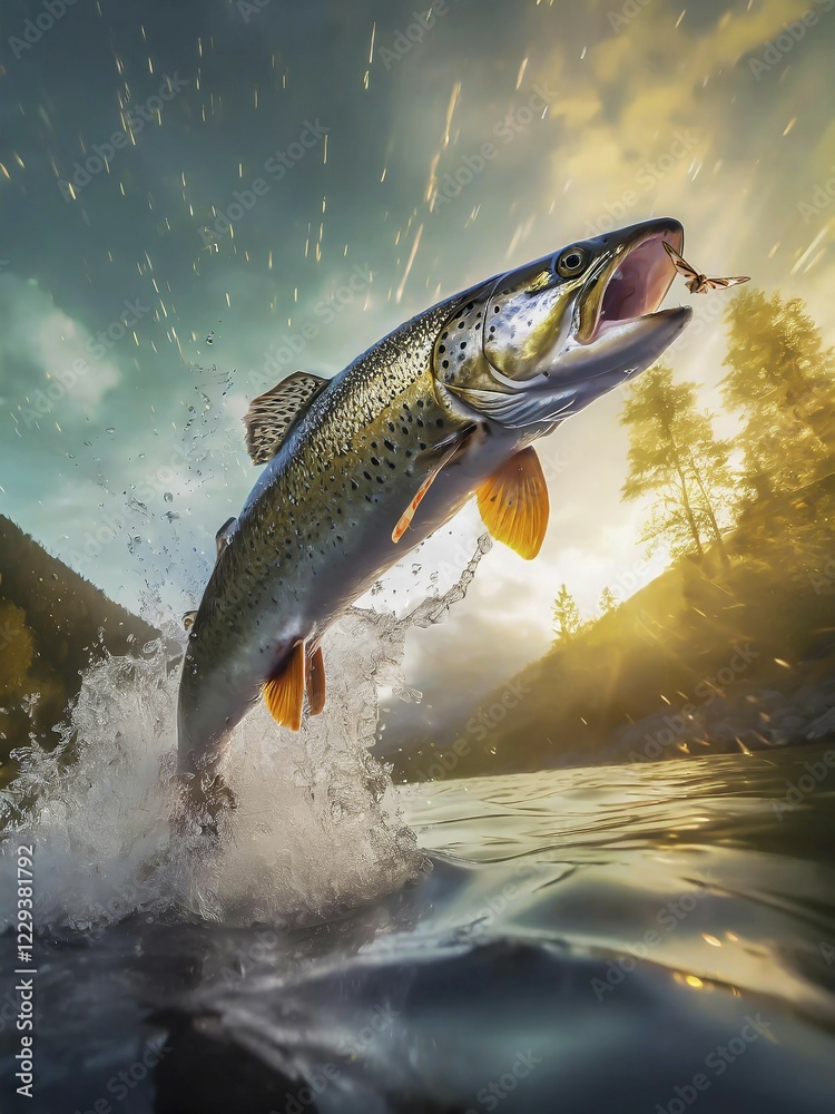A trout jumps high out of the water to catch a moth in flight, AI generated, AI generated