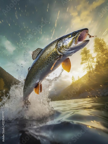 Obraz na płótnie A trout jumps high out of the water to catch a moth in flight, AI generated, AI generated w salonie