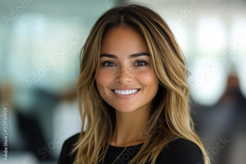 Wallpaper Mural Smiling woman with long hair in an office setting during daylight, showcasing confidence and approachability Torontodigital.ca