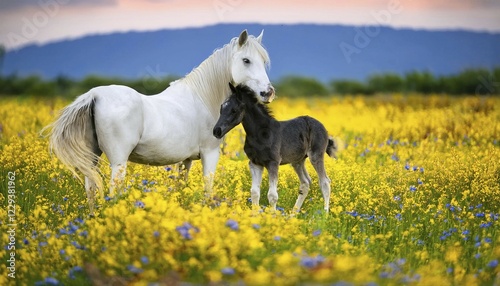 A white mare and a black foal, studio, AI generated