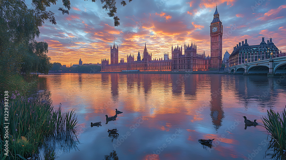 Obraz premium A beautiful view of the London skyline reflected in the water. The water is calm and the sky is clear