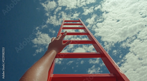 Scala rossa che punta verso il cielo con una mano che si  sta aggrappando. Scalata al successo. photo