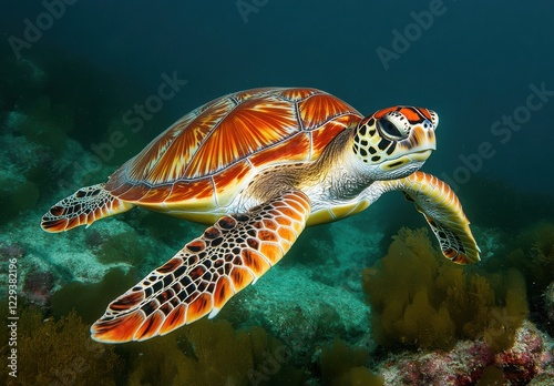 Majestic Green Sea Turtle Gliding Through Crystal Clear Waters Surrounded by Vibrant Coral and Colorful Marine Life in Underwater Paradise