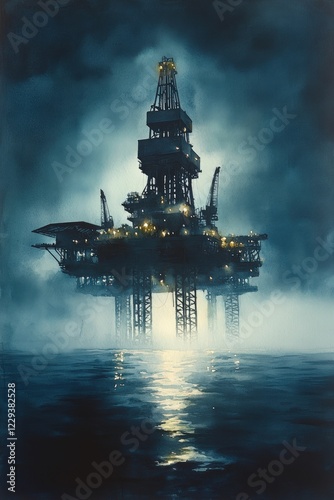 Offshore platform at night, calm sea, moody atmosphere.