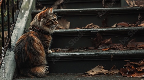 Pet collar left on a celestial staircase, representing remembrance and loss. picture