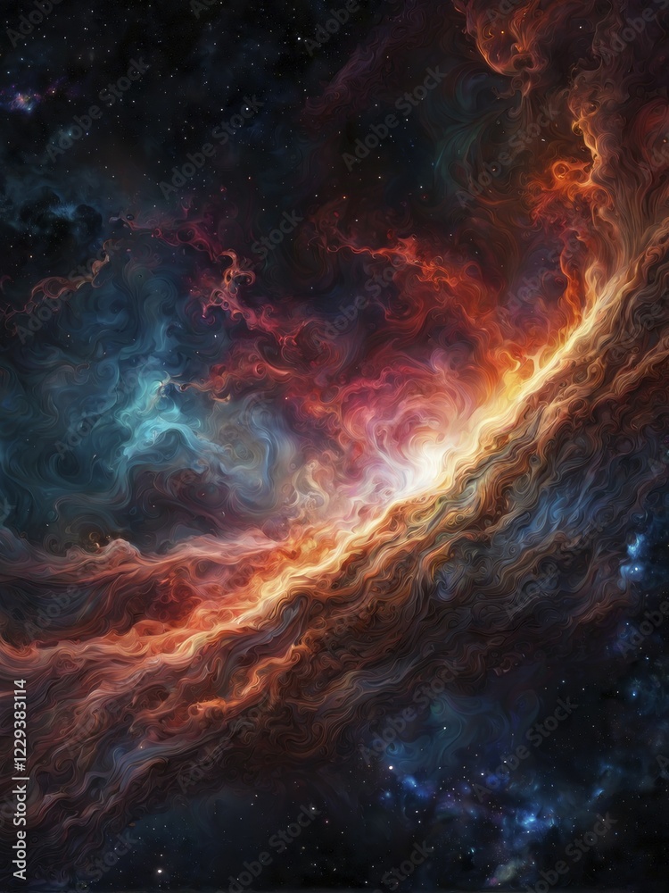 Fototapeta premium A vibrant cosmic scene with colorful nebulae, swirling clouds, and a captivating dark celestial atmosphere, AI generated
