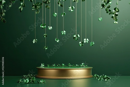 Hanging shamrocks create vibrant backdrop for festive display, c photo