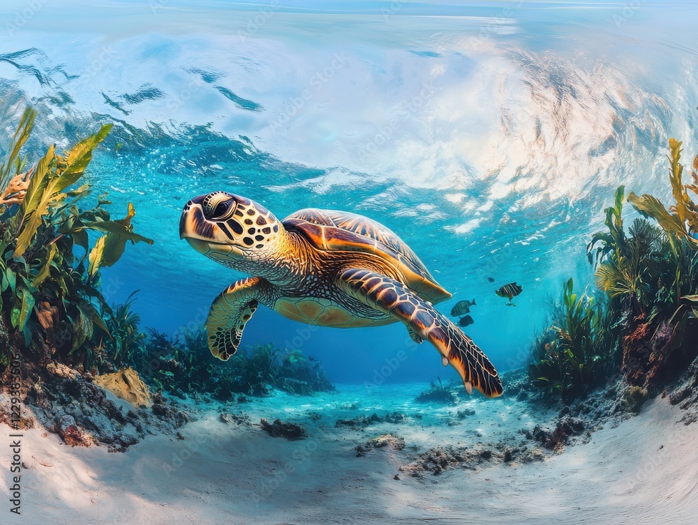 Fototapeta premium Majestic Green Sea Turtle Swimming Gracefully Through a Vibrant Coral Reef Under Crystal Clear Ocean Water
