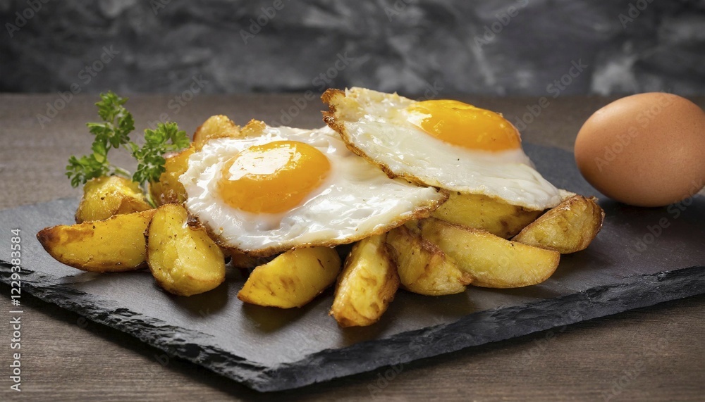 KI generated, fried egg and fried potatoes, served on a slate platter in the restaurant KI generated, fried egg and fried potatoes, served on a slate platter in the restaurant