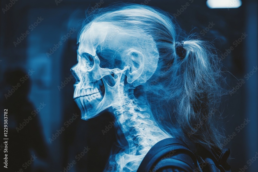 X-ray of a human skull and spine showcasing detailed anatomy in a clinical setting X-ray of a human skull and spine showcasing detailed anatomy in a clinical setting