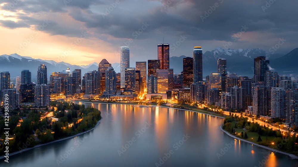 Calgary skyline glowing with pastel purples and rich copper shades, highlighting intricate architectural designs at dusk, Ultra-Realistic, Photo Realistic, highly detailed Calgary skyline glowing with pastel purples and rich copper shades, highlighting intricate architectural designs at dusk, Ultra-Realistic, Photo Realistic, highly detailed