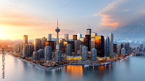 Stunning Calgary skyline at sunset, bathed in pale purple and copper shades, creating a peaceful ambiance, Ultra-Realistic, Photo Realistic, highly detailed 