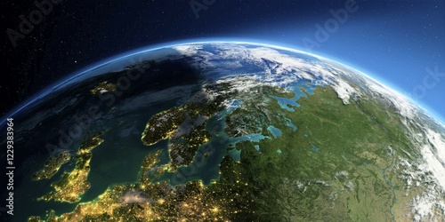 Fototapeta Naklejka Na Ścianę i Meble -  Highly detailed Earth with atmosphere, exaggerated relief and light-flooded cities. Transition from night to day. Europe. Scandinavia. 3D rendering. Elements of this image furnished by NASA