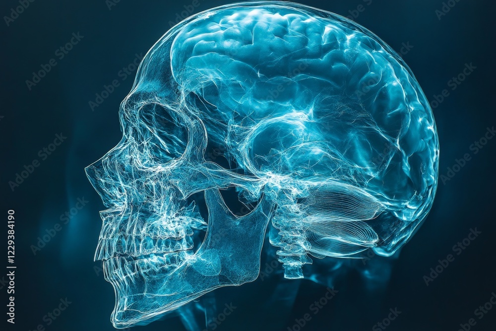 Detailed illustration of a human skull and brain showcasing anatomical features and connections with a glowing effect Detailed illustration of a human skull and brain showcasing anatomical features and connections with a glowing effect