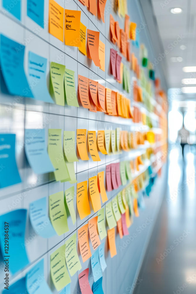 A macro shot of sticky notes arranged on a wall to form a timeline, A macro shot of sticky notes arranged on a wall to form a timeline,