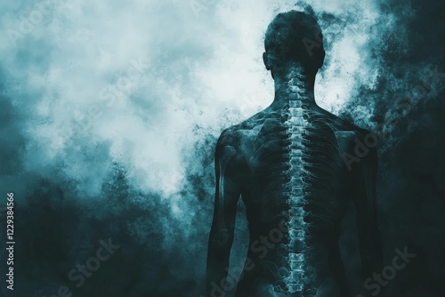 Artistic representation of a spine in a dark, abstract environment highlighting human anatomy and skeletal structure