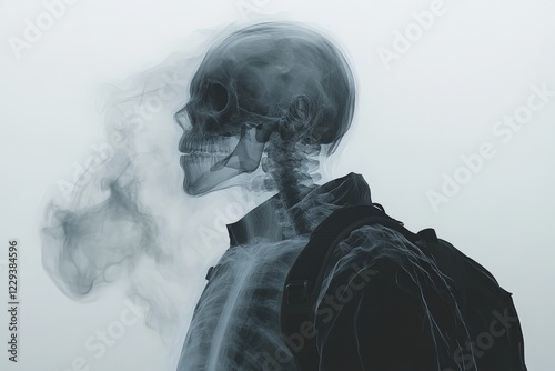 Creative x-ray art showcases a skeletal figure in a hoodie, emitting smoke in a surreal setting photo