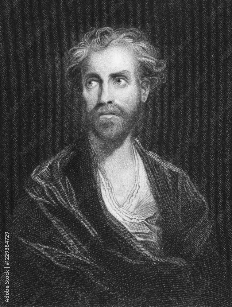 Fototapeta premium The banished lord engraving from the 1800s. Engraved by J.Jenkins from a picture by J.Reynolds and published in London by J & F Tallis
