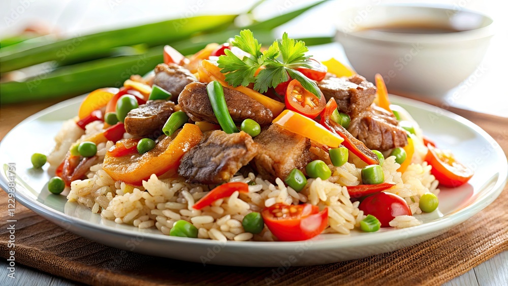 Savory meat and vegetable stir-fry atop fluffy rice. A vibrant, delicious meal. Savory meat and vegetable stir-fry atop fluffy rice. A vibrant, delicious meal.