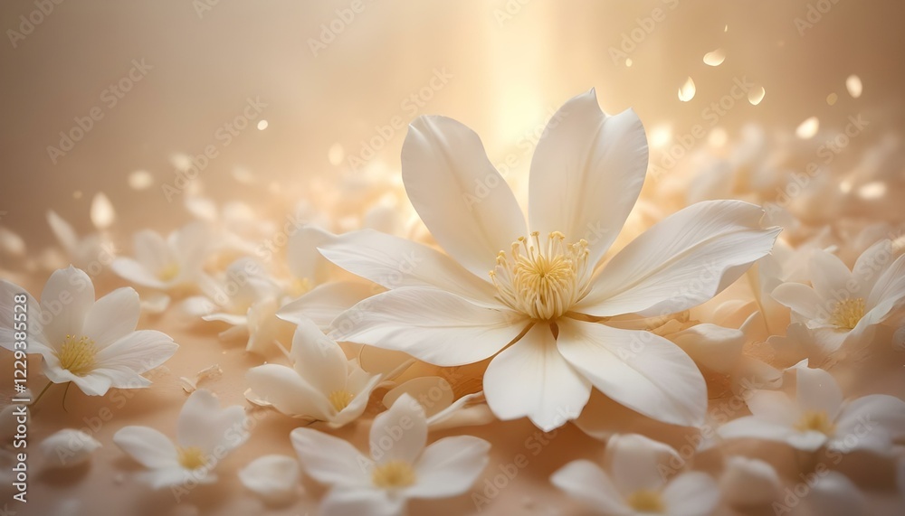 Fototapeta premium Pétalos de flores blancas suaves y delicados con un fondo cálido y brillante