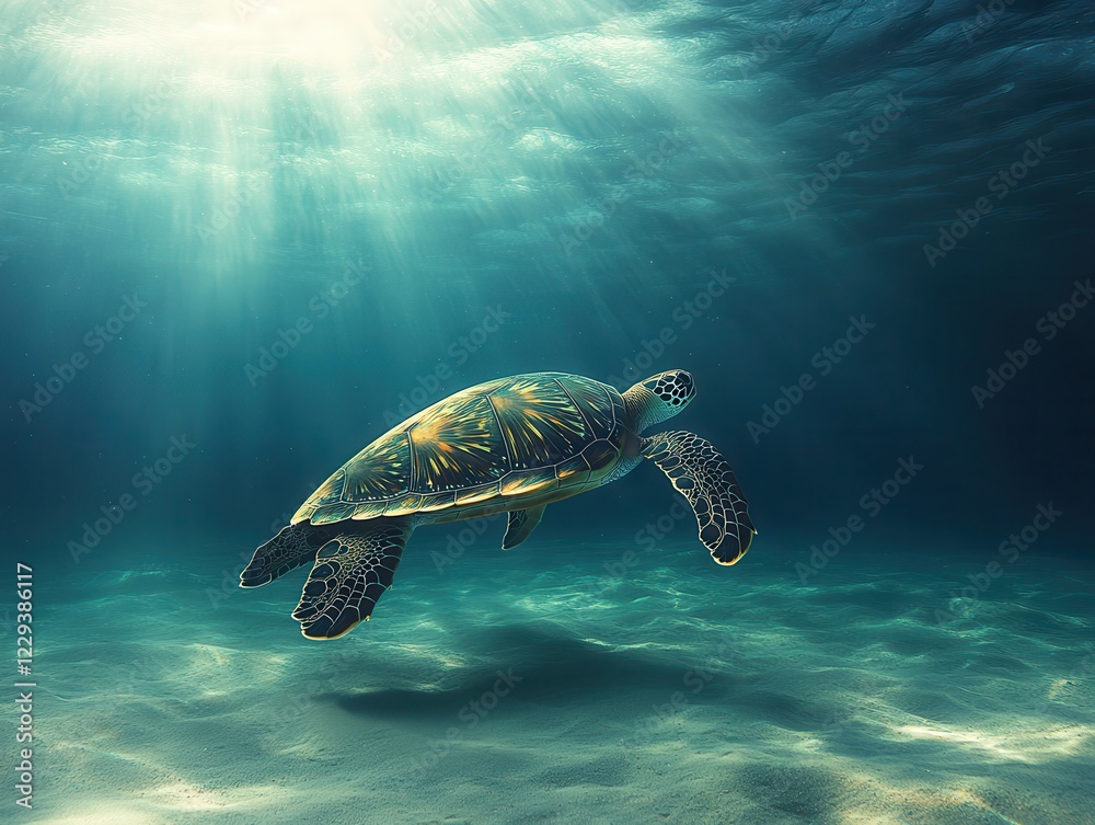 Obraz premium Majestic Sea Turtle Gliding Gracefully Through Crystal Clear Underwater Environment with Sun Rays Illuminating the Ocean Floor