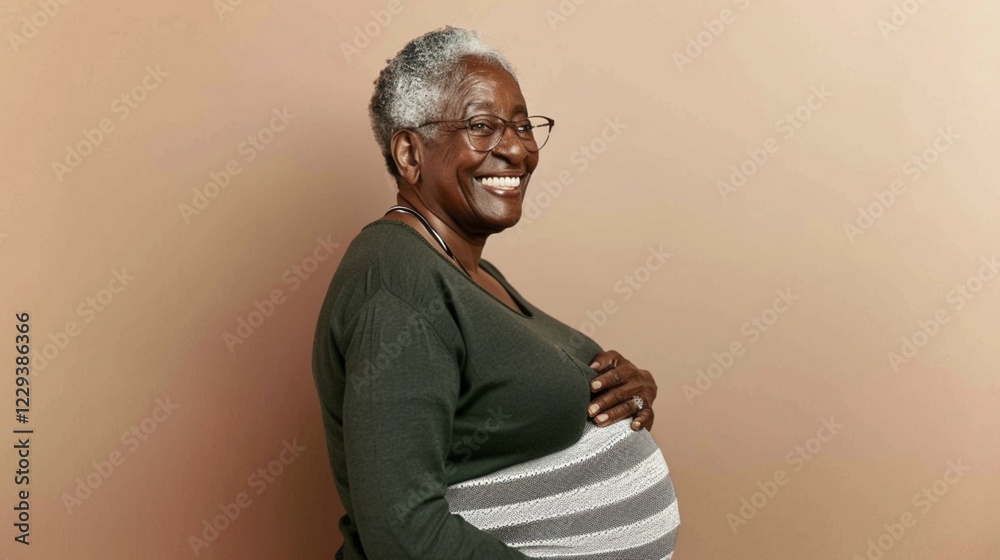 Obraz premium Joyful pregnant elderly african american woman with glasses and a cardigan smiles against a peach background, AI generated