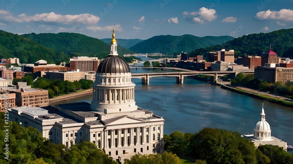Obraz premium West Virginia State Capitol and skyline, in Charleston along Kanawha river. Charleston is the capital and most populous city of the U.S. state of West Virginia and the seat of Kanawha County.