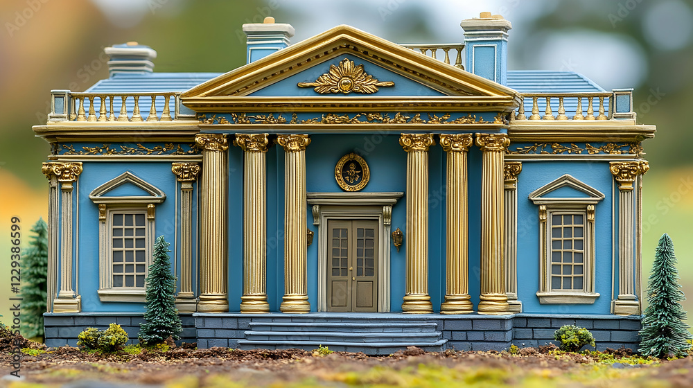 Blue mansion model, garden backdrop, architectural detail, home design, real estate