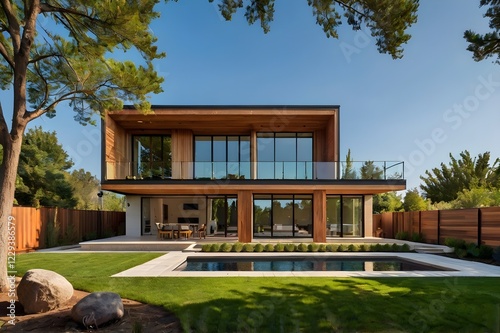 Modern two-story house with large windows, wood accents, and a landscaped garden under a bright sky.