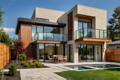 Modern two-story house with large windows, wood accents, and a landscaped garden under a bright sky.
