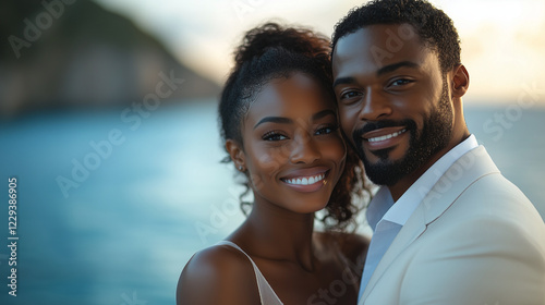 black married couple revels in panoramic view of sparkling ocean from deck of a luxurious cruise ship