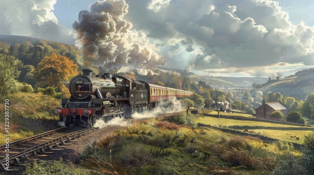 Obraz premium An old-fashioned train steams through a lush valley in the morning light, emitting a plume of smoke, ai generated, AI generated