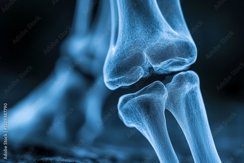 Close-up view of human knee joint revealing intricate bone structure and soft tissue in blue tones Close-up view of human knee joint revealing intricate bone structure and soft tissue in blue tones