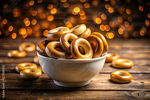 Soft focus highlights creamy bagels nestled in a white bowl, resting on rustic wood. photo