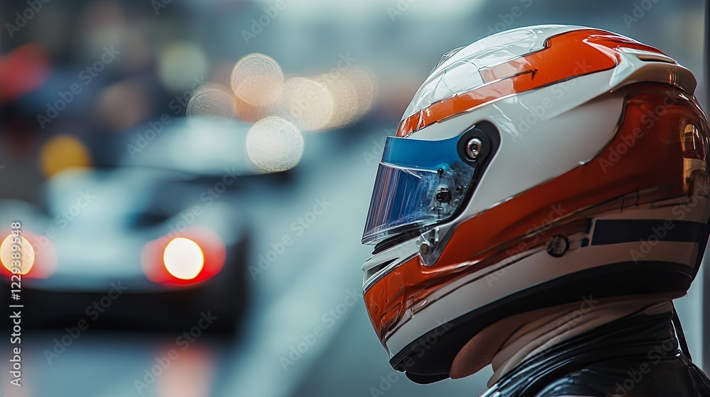 Racing helmet on track, blurred cars on TV. picture