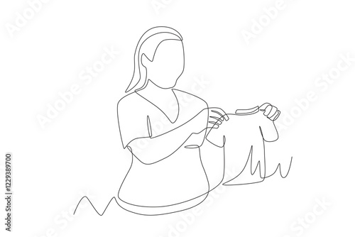 Pregnant mother prepares baby clothes. Pregnant women getting ready for baby concept one-line drawing