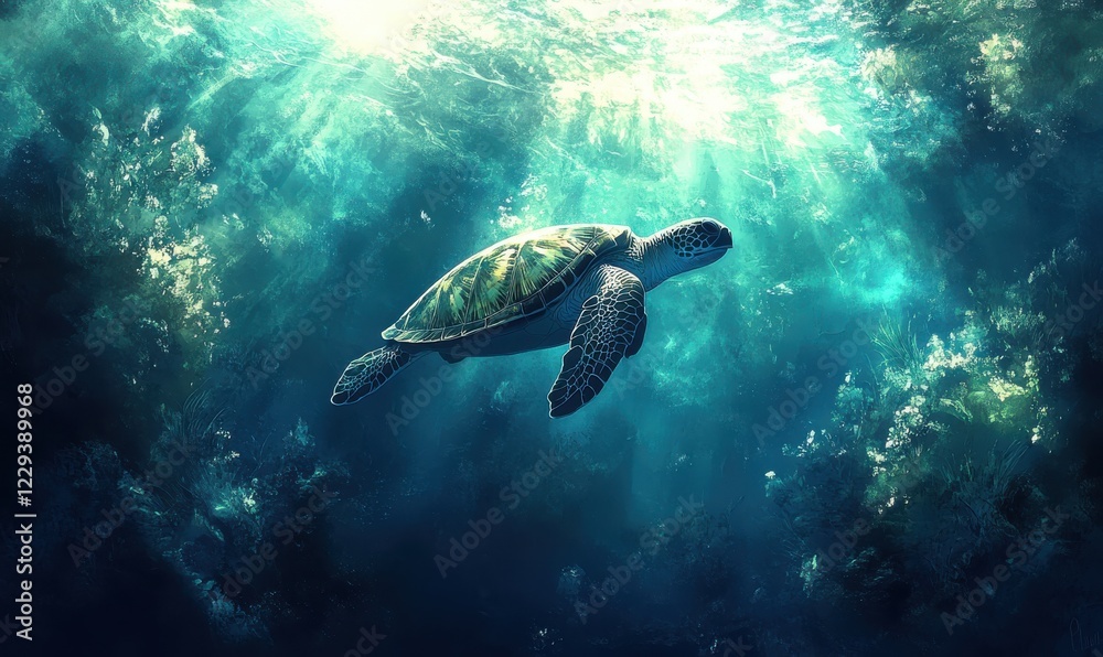 Fototapeta premium Majestic Sea Turtle Gliding Through Crystal Clear Ocean Waters Surrounded by Vibrant Marine Life and Sunlight Rays Filtering Down Above
