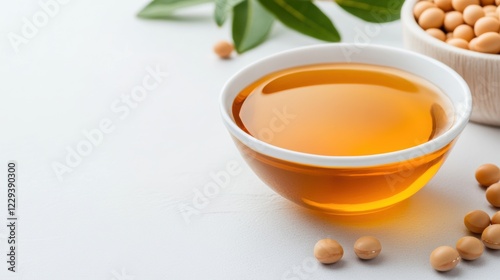 Wallpaper Mural food photography, a ceramic bowl holds golden soybean oil on a white table with a minimal background Torontodigital.ca