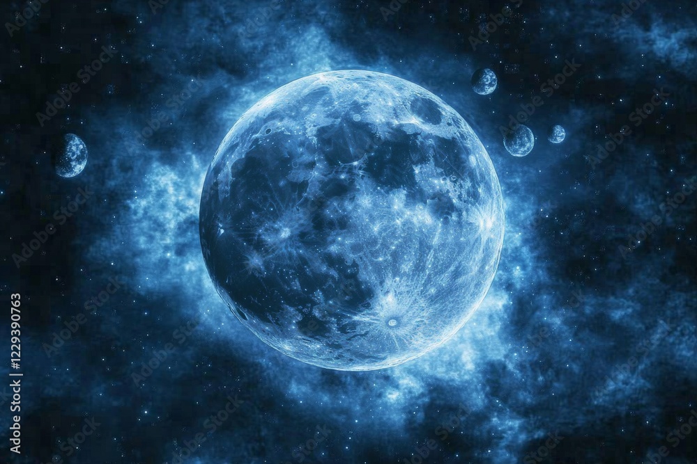 Giant glowing moon amidst a cosmic background with distant planets and starlit sky Giant glowing moon amidst a cosmic background with distant planets and starlit sky