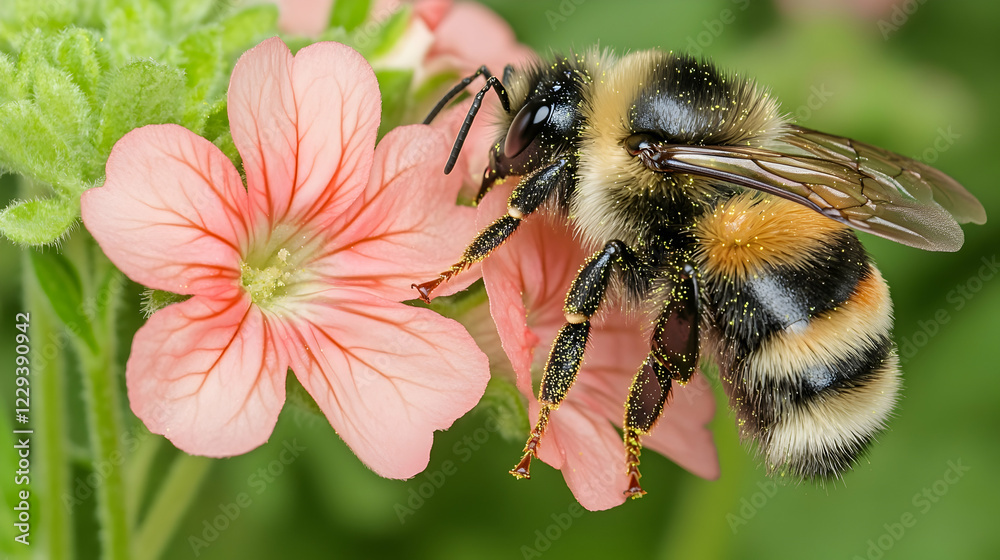 Bumblebee pollinating pink flower, garden background, nature close-up, stock photo Bumblebee pollinating pink flower, garden background, nature close-up, stock photo