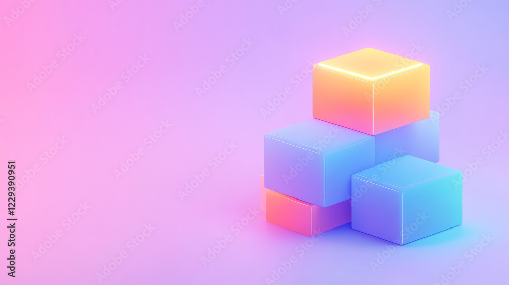 A layered graphic design combining isometric cubes with soft neon glows, conveying the notion of futuristic blocks in motion, A layered graphic design combining isometric cubes with soft neon glows, conveying the notion of futuristic blocks in motion,