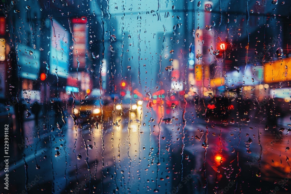 Fototapeta premium Rain drops on a window with a city street in the background