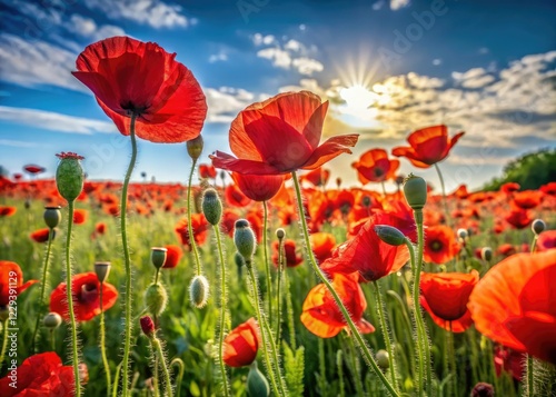 Summer's vibrant red poppy field explodes in a breathtaking landscape photograph.