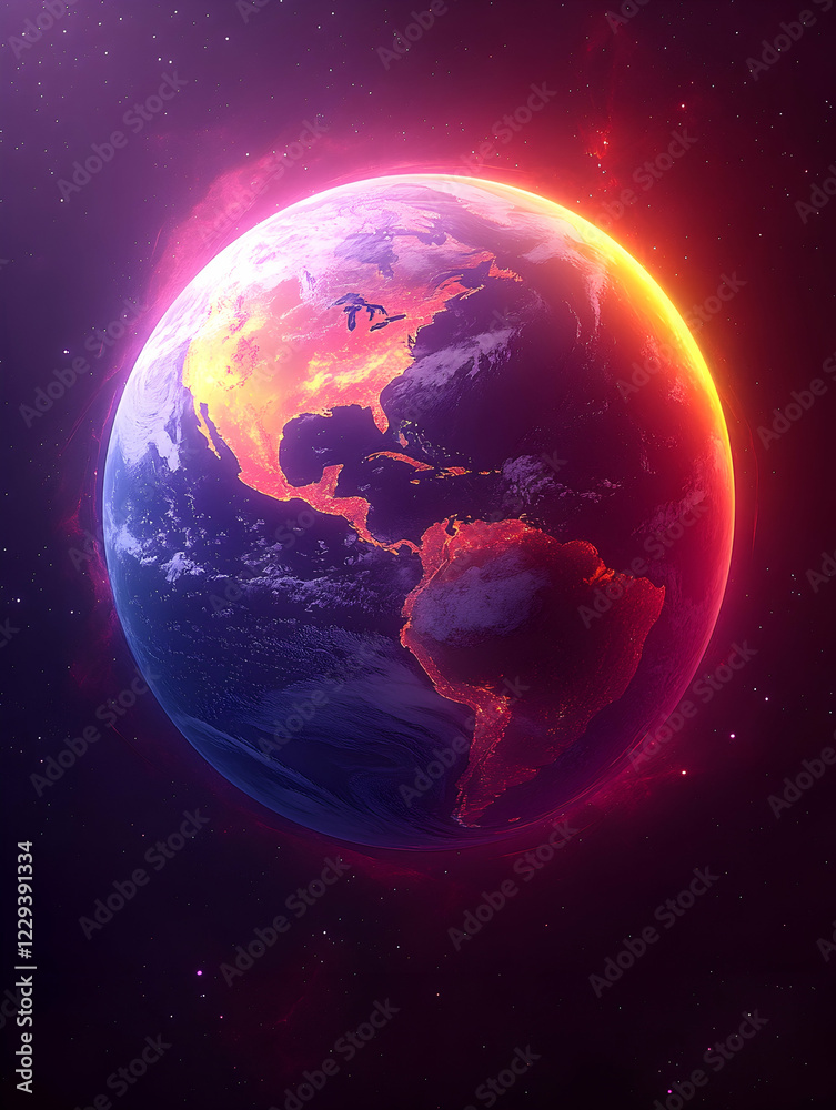 Fototapeta premium Burning Earth, North America highlighted, space background, climate change concept