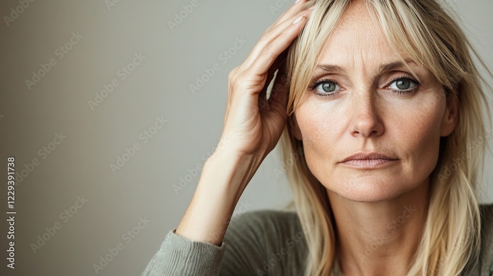 Obraz premium Portrait of a serious mature woman with her hand in her hair.