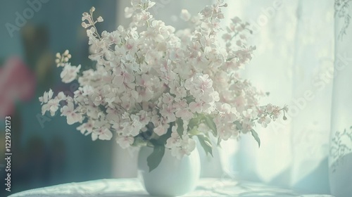 Delicate white floral arrangement cozy indoor setting still life natural light serene atmosphere home decor inspiration