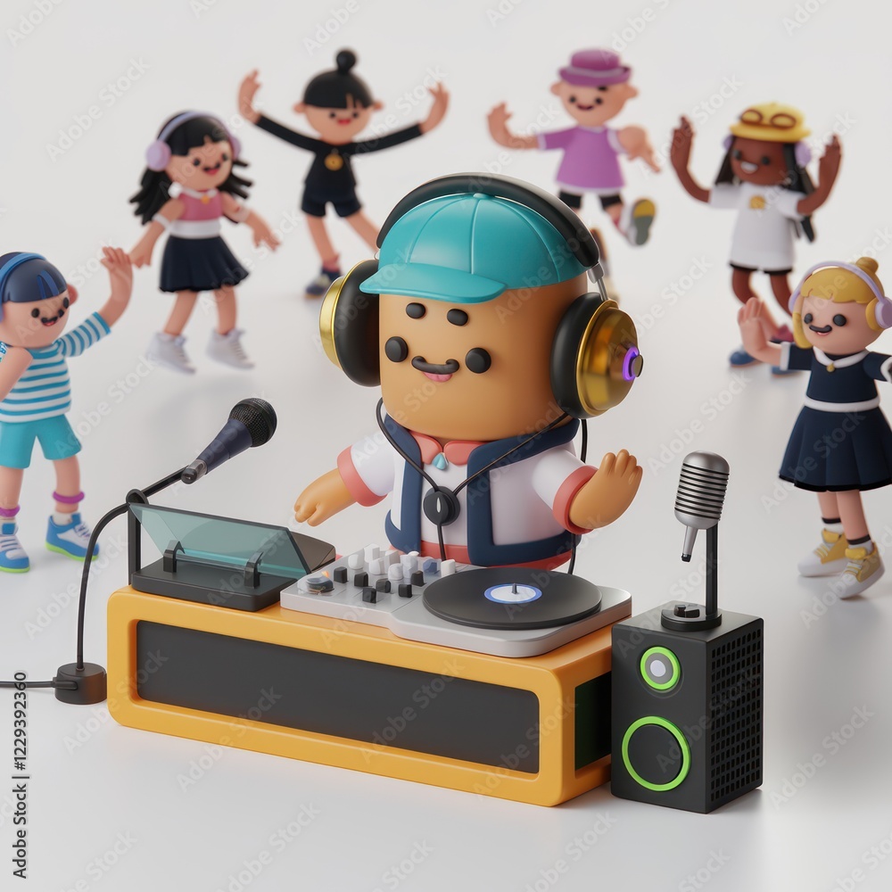 Cute DJ Character with Headphones Mixing Music at a Party with Dancing Kids Cute DJ Character with Headphones Mixing Music at a Party with Dancing Kids