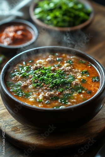 Steaming spicy meat soup, garnished with green onions.