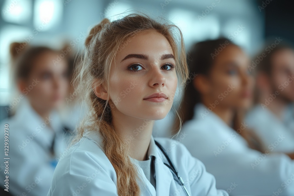 Young medical students engaged in a lecture at a university classroom focused on future healthcare careers Young medical students engaged in a lecture at a university classroom focused on future healthcare careers